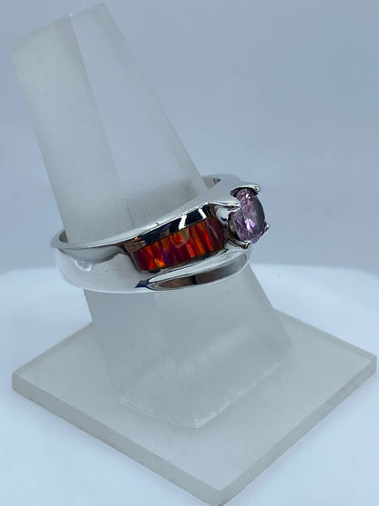 Anillo Elegante de Plata .950 con Ópalo de Fuego y Zirconia Rosa, vista frontal