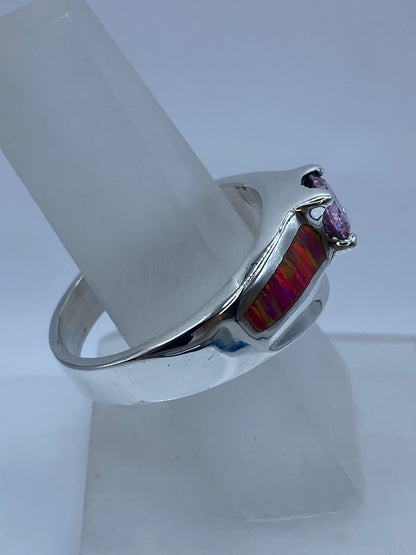 Anillo Elegante de Plata .950 con Ópalo de Fuego y Zirconia Rosa, vista superior