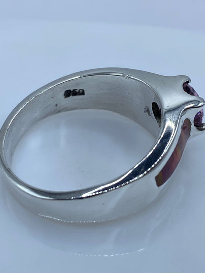 Anillo Elegante de Plata .950 con Ópalo de Fuego y Zirconia Rosa, sello de autenticidad Plata Ley .925