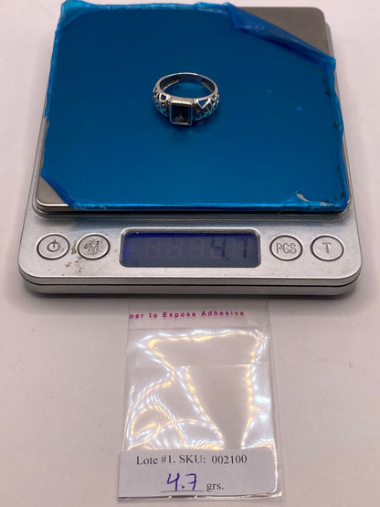 Vista lateral de anillo calado de plata .950 con circonia multicolor — 4.7 g, talla 8, artesanal Taxco
