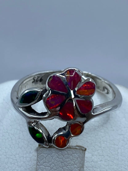 Anillo Flor de Plata Ley 925 con Ópalo de Fuego y Zirconia, sello de autenticidad Plata Ley .925