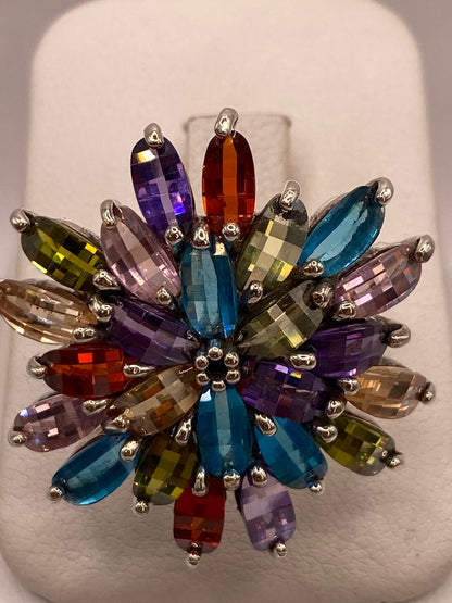 Anillo Floral Multicolor con Zirconias en Plata Ley 925, vista frontal