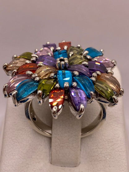 Anillo Floral Multicolor con Zirconias en Plata Ley 925, sello de autenticidad Plata Ley .925