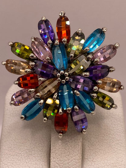Anillo Floral Multicolor con Zirconias en Plata Ley 925, vista superior