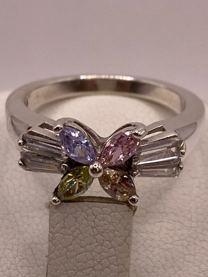 Anillo Floral Multicolor con Zirconias en Plata Ley 925, vista superior