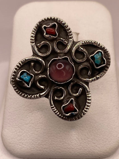 Anillo Floral de Plata Ley 925 con Amatista, Jaspe y Turquesa — ángulo diagonal