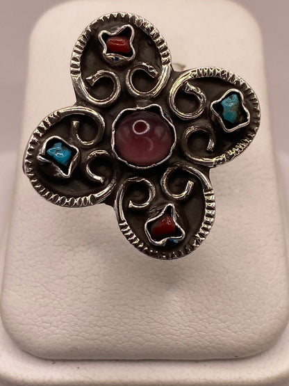 Anillo Floral de Plata Ley 925 con Amatista, Jaspe y Turquesa, vista frontal