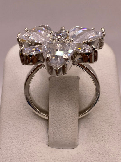 Anillo Floral de Plata 925 con Zirconias Cristal, vista superior