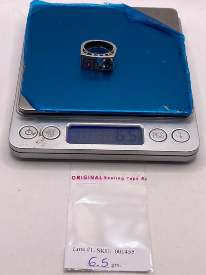 Anillo Geométrico de Plata Ley 925 con Ópalo de Fuego y Zirconia Tornasol, peso en gramos (báscula)