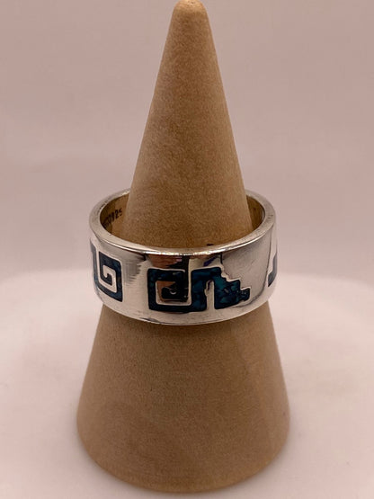 Anillo Greca Azteca de Plata .925 con Incrustación Azul, vista superior