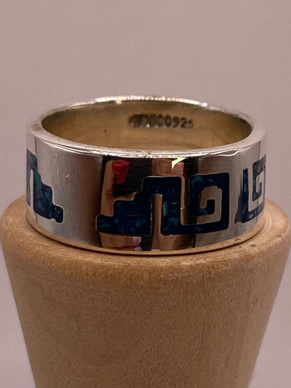 Anillo Greca Azteca de Plata .925 con Incrustación Azul, sello de autenticidad Plata Ley .925