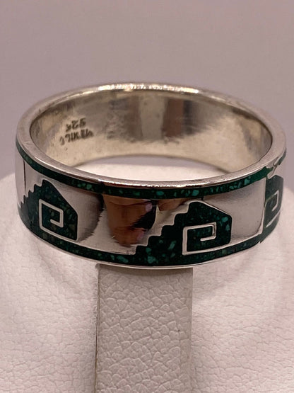 Anillo Greca Mesoamericana de Plata .925 con Incrustación Verde, sello de autenticidad Plata Ley .925