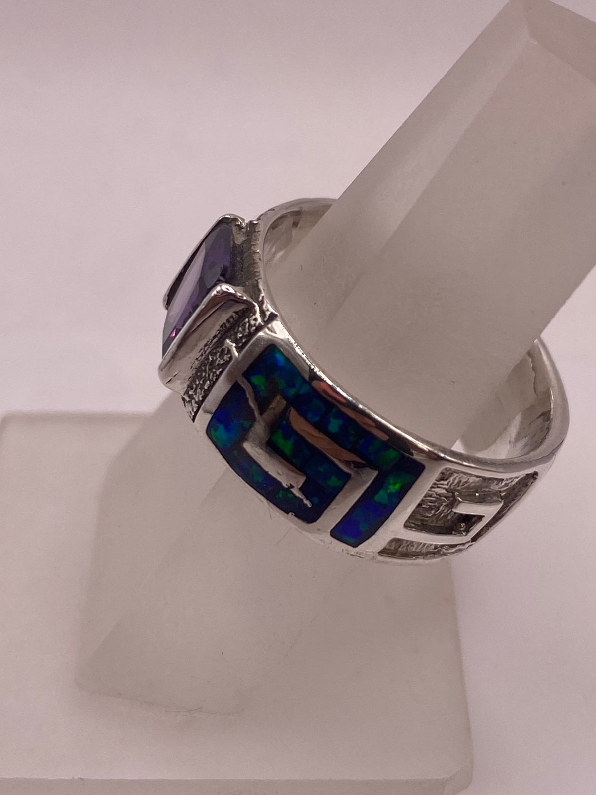 Anillo Greca Ópalo Azul Noche & Zirconia Amatista Plata 925, sello de autenticidad Plata Ley .925