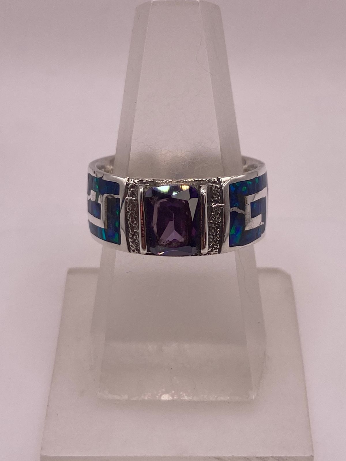 Anillo Greca Ópalo Azul Noche & Zirconia Amatista Plata 925 — vista lateral