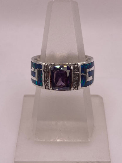 Anillo Greca Ópalo Azul Noche & Zirconia Amatista Plata 925 — vista lateral