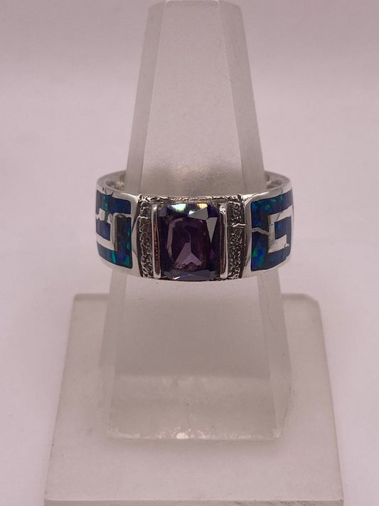 Anillo Greca Ópalo Azul Noche & Zirconia Amatista Plata 925 — vista lateral
