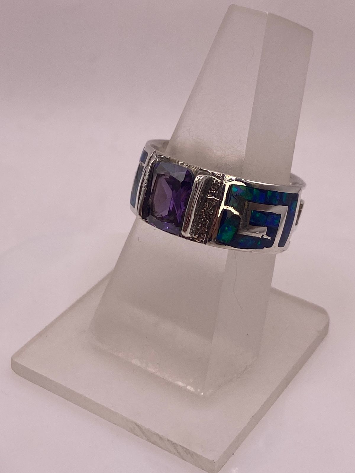 Anillo Greca Ópalo Azul Noche & Zirconia Amatista Plata 925, vista frontal
