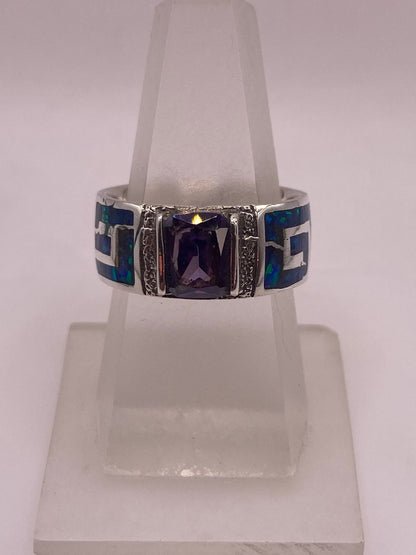 Anillo Greca Ópalo Azul Noche & Zirconia Amatista Plata 925, vista lateral
