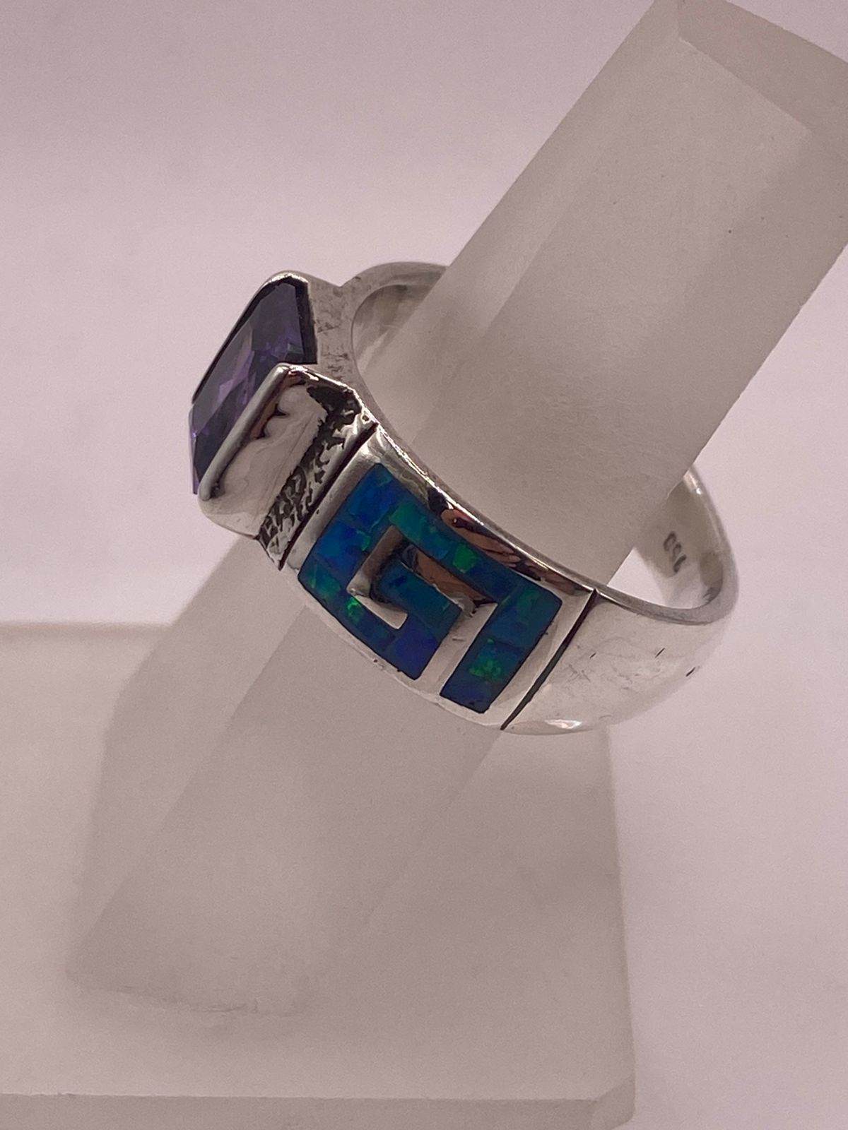 Anillo Greca Ópalo Azul-verde & Zirconia Amatista Plata 950, vista de detalle