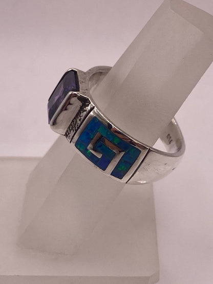 Anillo Greca Ópalo Azul-verde & Zirconia Amatista Plata 950, vista de detalle