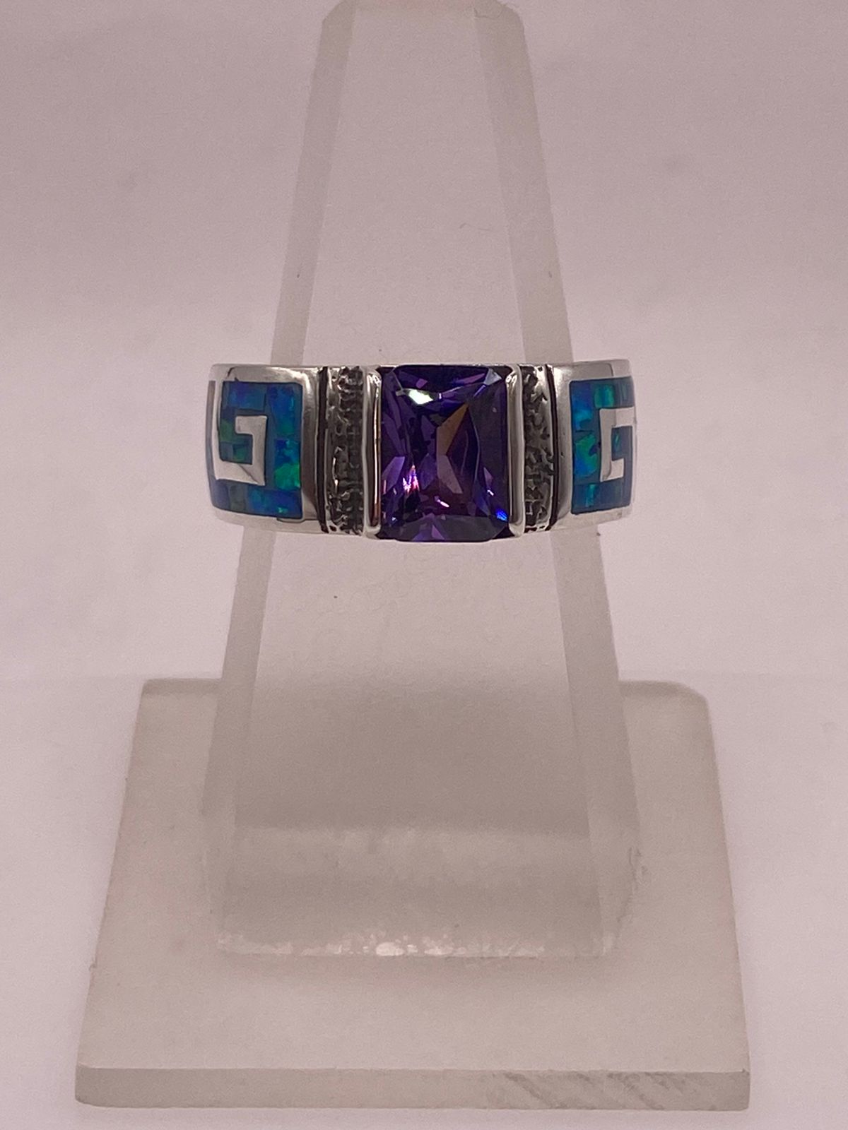 Anillo Greca Ópalo Azul-verde & Zirconia Amatista Plata 950, vista lateral