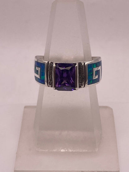 Anillo Greca Ópalo Azul-verde & Zirconia Amatista Plata 950 — ángulo diagonal