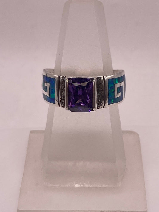 Anillo Greca Ópalo Azul-verde & Zirconia Amatista Plata 950 — ángulo diagonal
