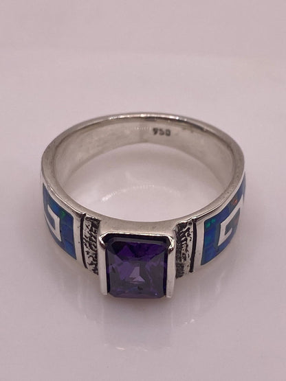 Anillo Greca Ópalo Azul-verde & Zirconia Amatista Plata 950, sello de autenticidad Plata Ley .925