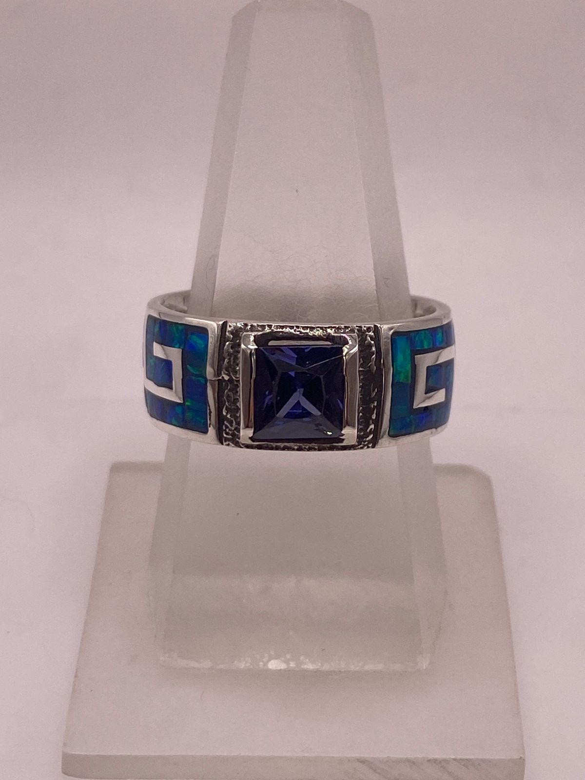 Anillo Greca Ópalo de Fuego Azul Oceáno & Zirconia Zafiro Plata 950, vista de detalle