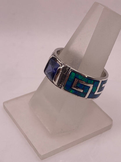 Anillo Greca Ópalo de Fuego Azul Oceáno & Zirconia Zafiro Plata 950, vista frontal