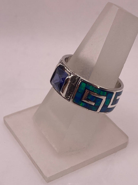 Anillo Greca Ópalo de Fuego Azul Oceáno & Zirconia Zafiro Plata 950, vista frontal