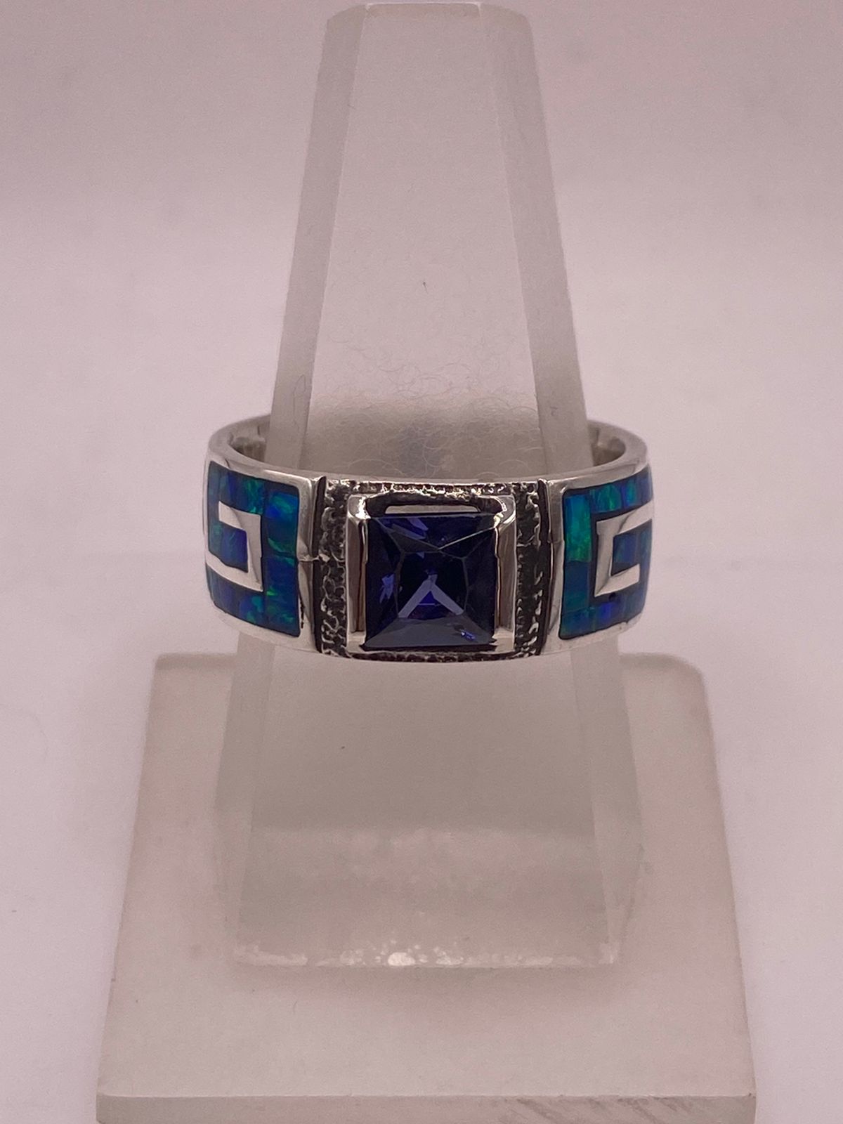 Anillo Greca Ópalo de Fuego Azul Oceáno & Zirconia Zafiro Plata 950 — ángulo diagonal