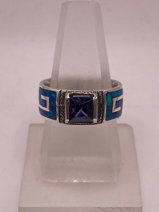Anillo Greca Ópalo de Fuego Azul Oceáno & Zirconia Zafiro Plata 950 — ángulo diagonal