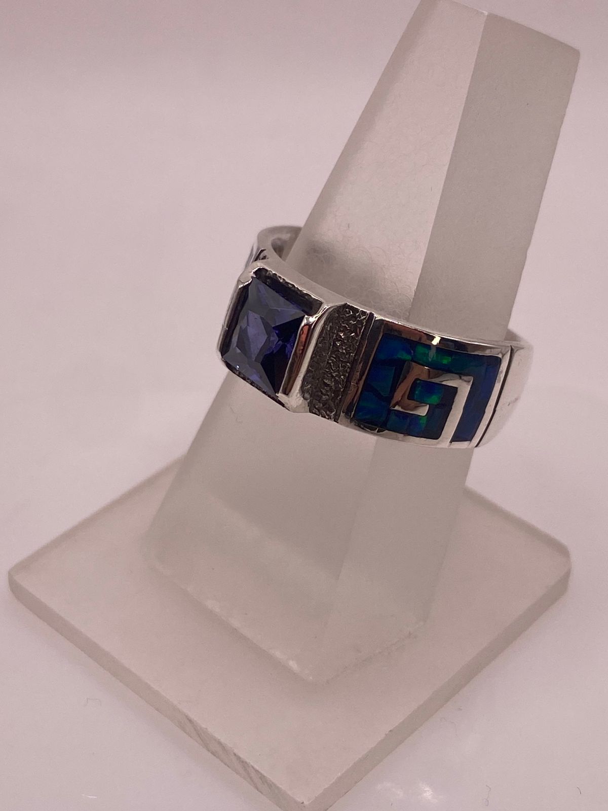 Anillo Greca Ópalo de Fuego Azul-verde & Zirconia Tanzanita Plata 950, vista frontal
