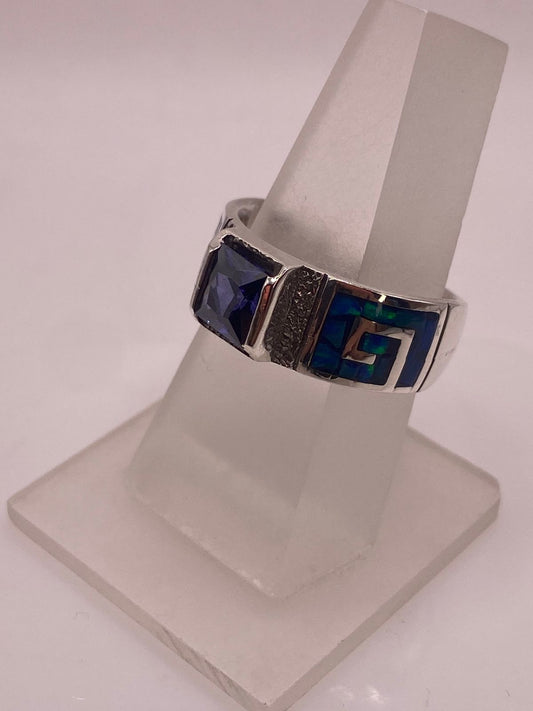Anillo Greca Ópalo de Fuego Azul-verde & Zirconia Tanzanita Plata 950, vista frontal
