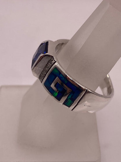 Anillo Greca Ópalo de Fuego Azul-verde & Zirconia Tanzanita Plata 950, vista de detalle