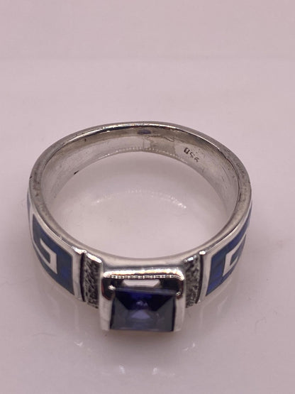 Anillo Greca Ópalo de Fuego Azul-verde & Zirconia Tanzanita Plata 950, sello de autenticidad Plata Ley .925