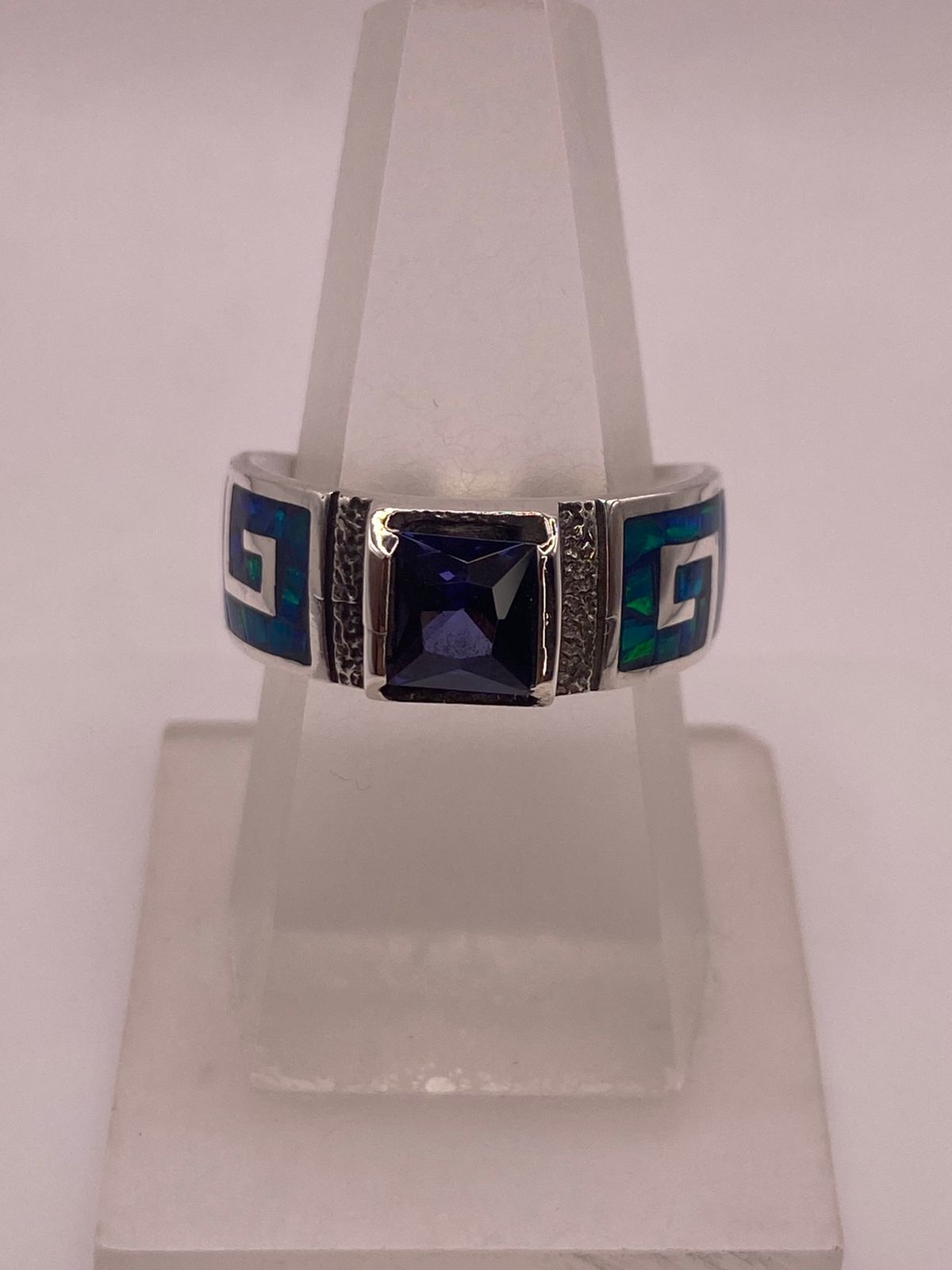 Anillo Greca Ópalo de Fuego Azul-verde & Zirconia Tanzanita Plata 950 — ángulo diagonal