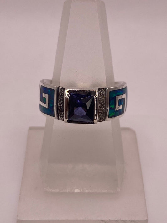 Anillo Greca Ópalo de Fuego Azul-verde & Zirconia Tanzanita Plata 950 — ángulo diagonal