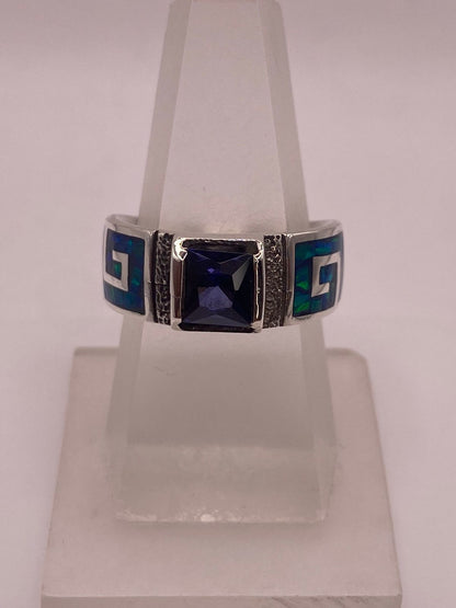 Anillo Greca Ópalo de Fuego Azul-verde & Zirconia Tanzanita Plata 950, vista lateral
