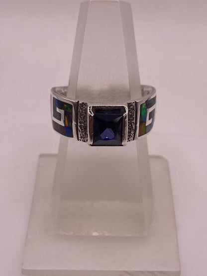 Anillo Greca Ópalo de Fuego Multicolor & Zirconia Amatista Plata 950, vista lateral