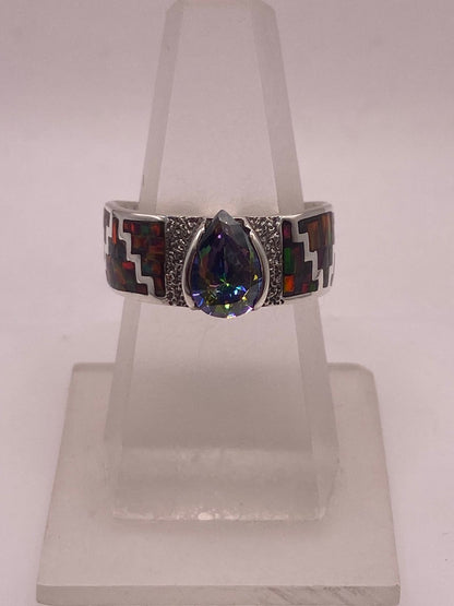 Anillo Greca Ópalo de Fuego Rojo & Zirconia Mística Plata 950, vista lateral