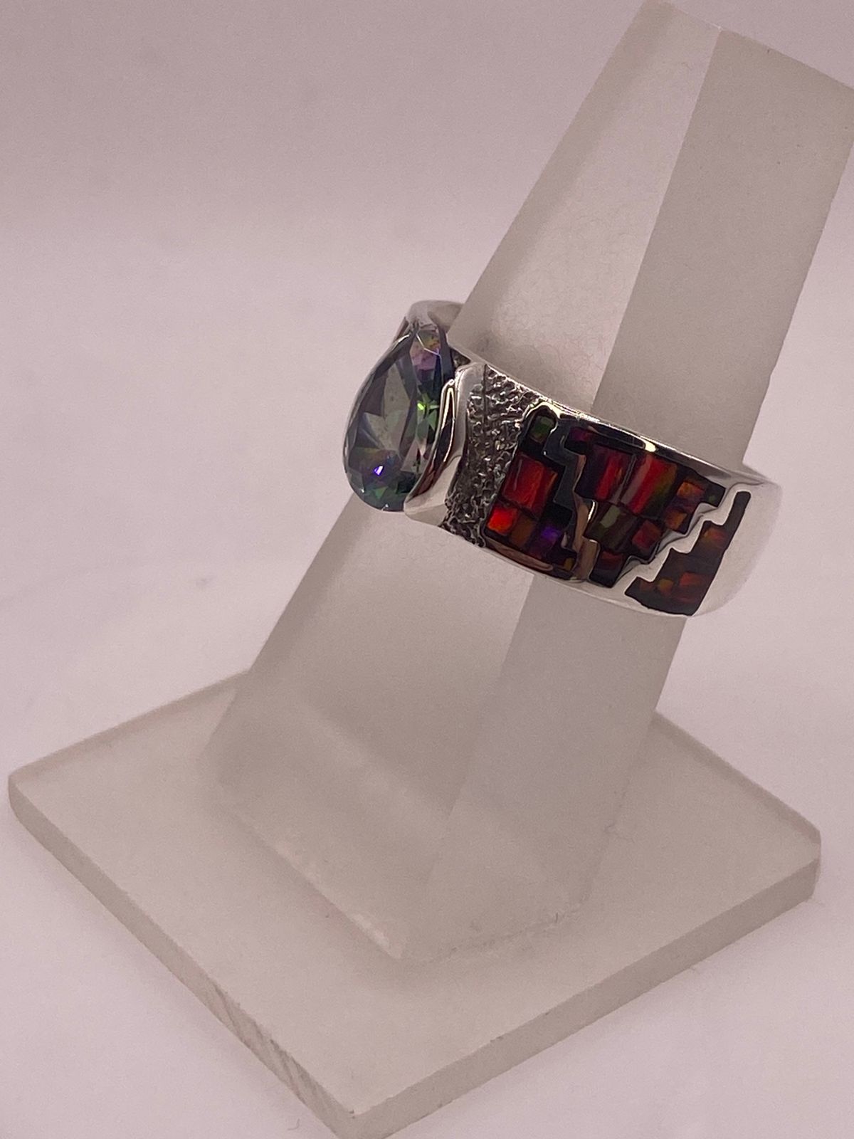 Anillo Greca Ópalo de Fuego Rojo & Zirconia Mística Plata 950, vista frontal