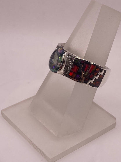 Anillo Greca Ópalo de Fuego Rojo & Zirconia Mística Plata 950, vista frontal