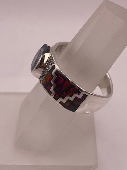 Anillo Greca Ópalo de Fuego Rojo & Zirconia Mística Plata 950, vista de detalle