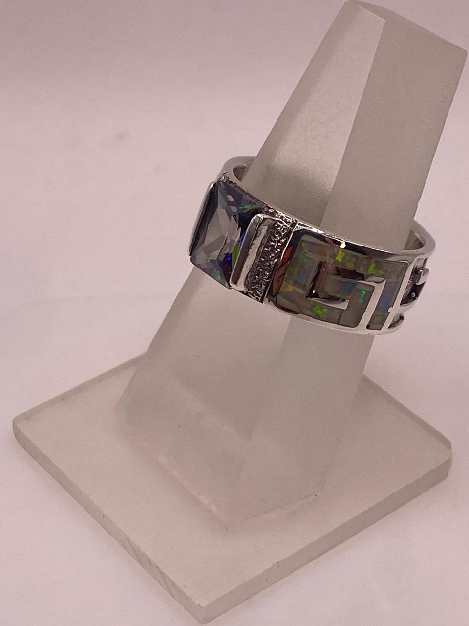 Anillo Greca con Ópalo de Fuego y Zirconia en Plata Ley .950, vista frontal