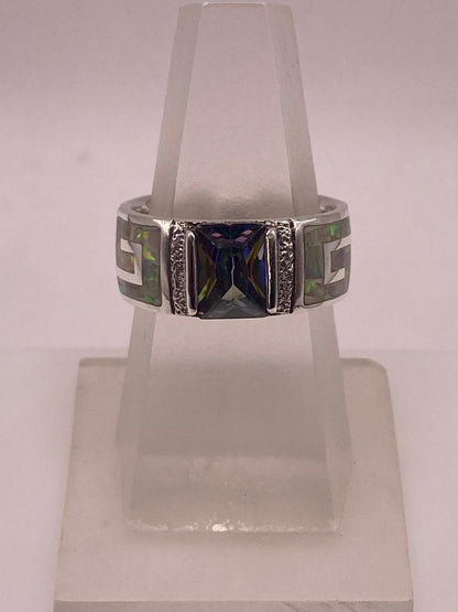 Anillo Greca con Ópalo de Fuego y Zirconia en Plata Ley .950, vista lateral