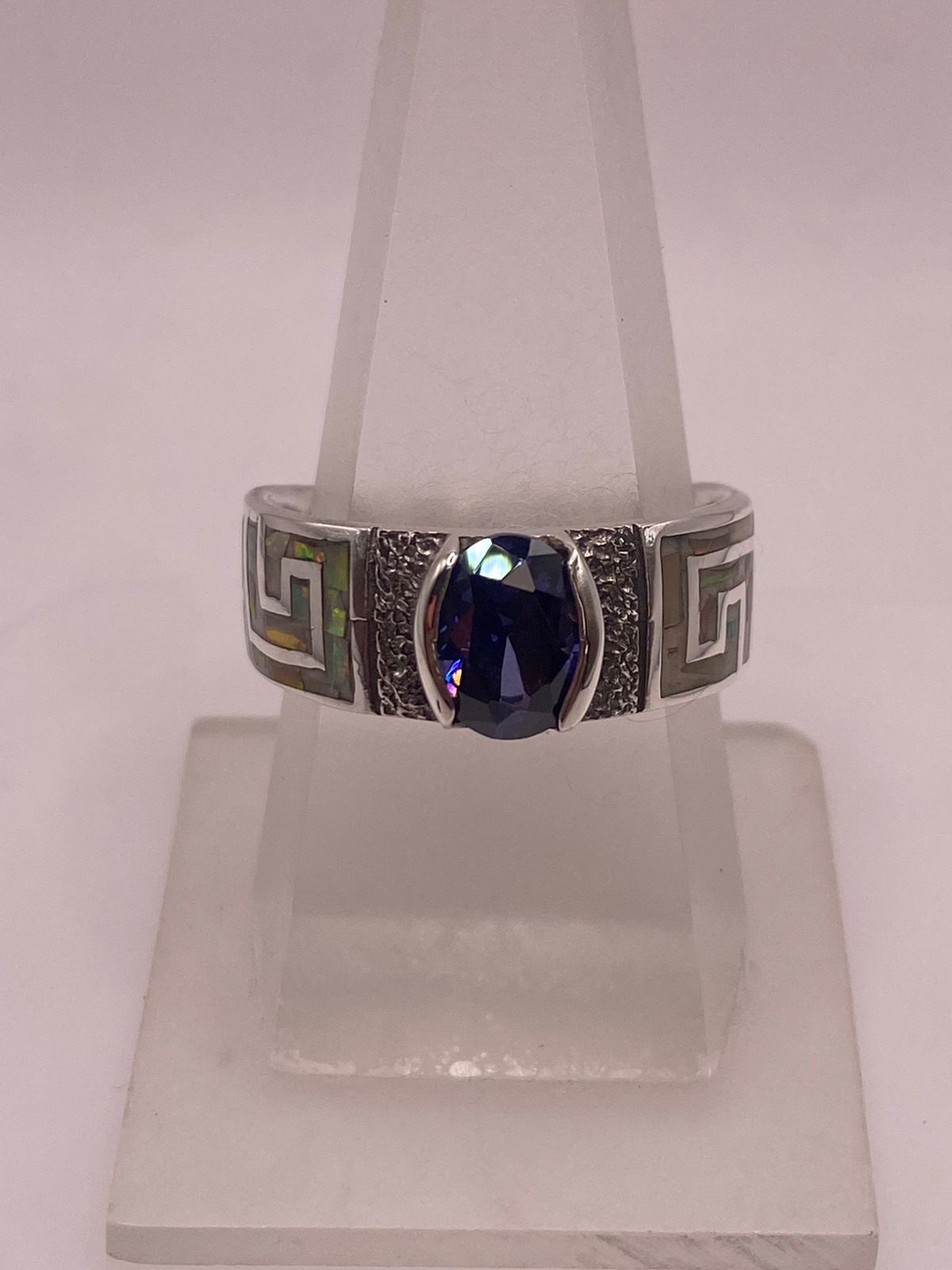 Anillo Greca Ópalo Multicolor & Zirconia Tanzanita Plata 950, vista lateral