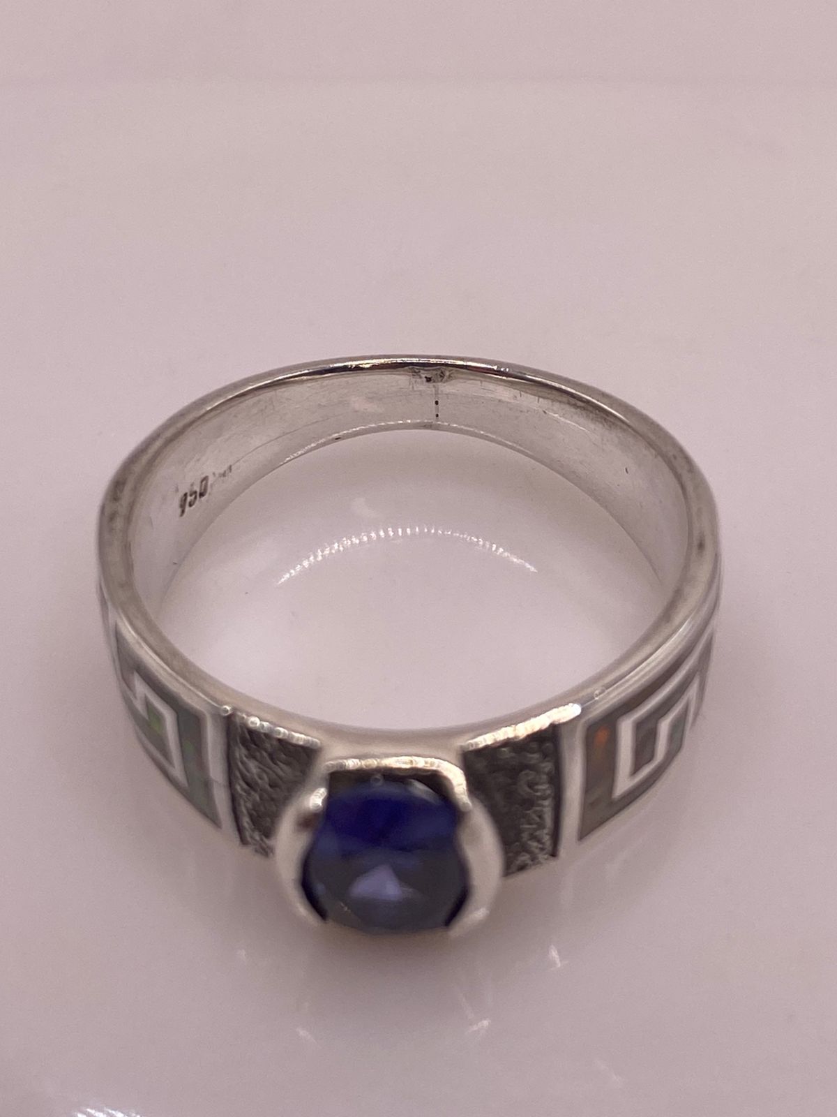 Anillo Greca Ópalo Multicolor & Zirconia Tanzanita Plata 950, sello de autenticidad Plata Ley .925