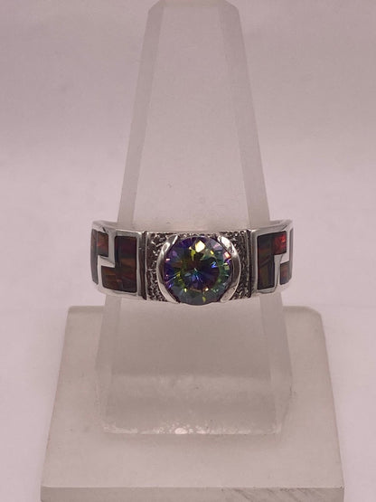 Anillo Greca Ópalo Rojo-borgoña & Zirconia Mística Arcoíris Plata 950 — ángulo diagonal